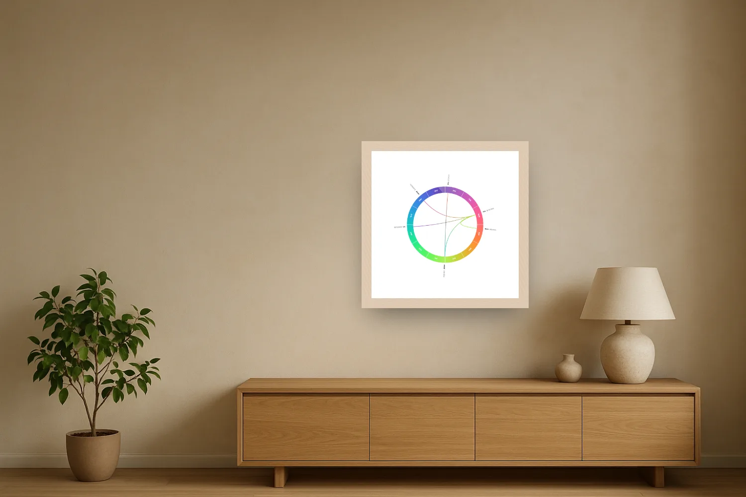 A rainbow colour-wheel Kinring print in an oak frame above a low oak sideboard, with a plant and a table lamp