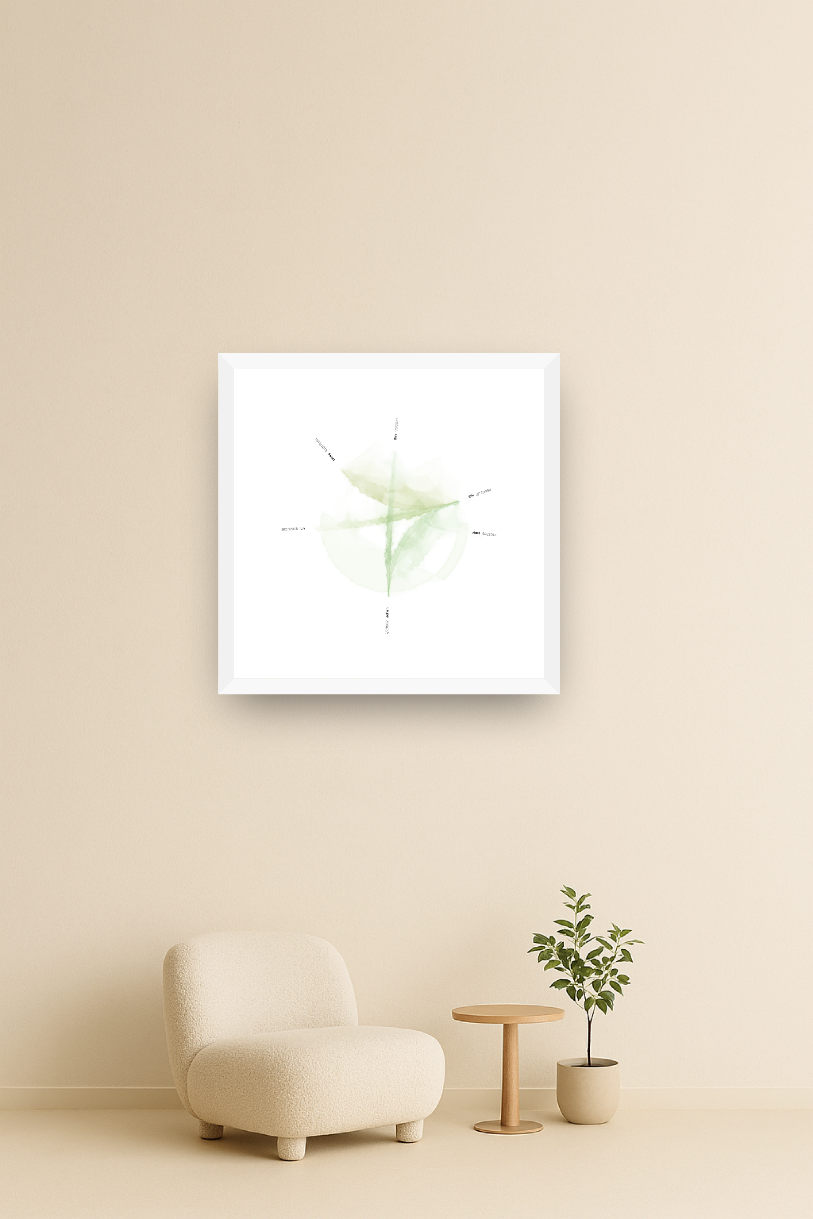 A soft watercolour Kinring print in a white frame, by a reading chair